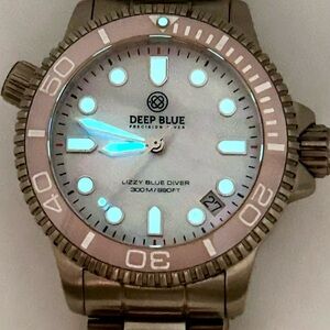 Deep Precision River Lizzy Blue diver watch, 36mm size case, 6in size bracelet.